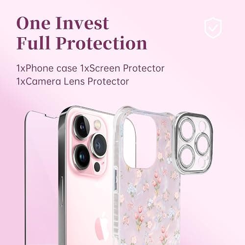 Plleuo Cute Tulip Flowers Bow Shell Pattern for iPhone 14 Plus Case, [3 in 1] with Screen Protector & Camera Lens Protector, Clear Soft Shockproof Slim Fit Floral Phone Cover for Women (White) thumbnail 2