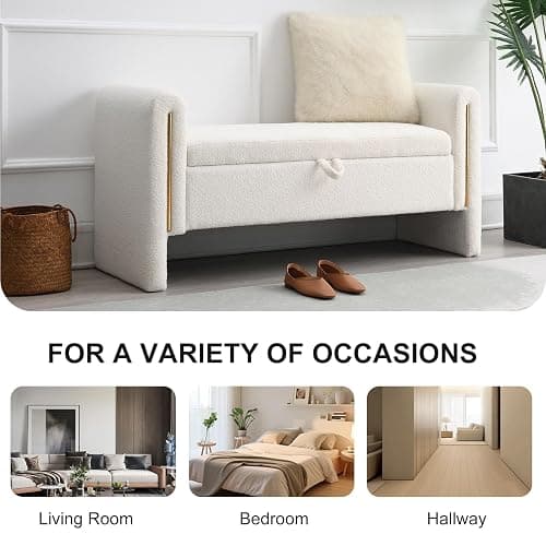 NIOIIKIT 52" Storage Ottoman Bench, Teddy Upholstered Storage Bench with Armrest, Entryway Bench with Pull-Ring, End of Bed Bench with Padded Cushion, Window Bench for Living Room (Beige) thumbnail 7