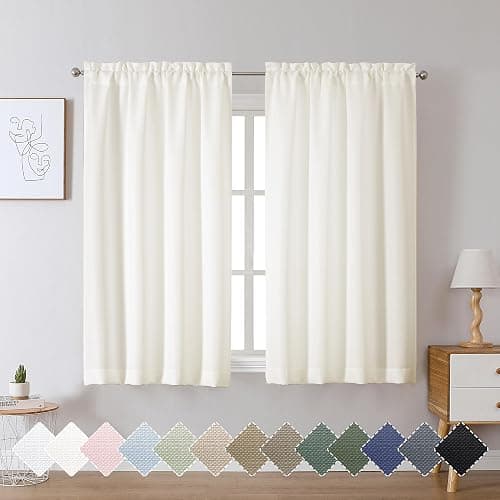Chyhomenyc Bedroom Curtains 45 Inch Length 2 Panels, Faux Linen Textured Light Filtering Soft Airy Yellowish Window Treatment Drapes for Living Room, Each 30Wx45L Inches, Cream（prev. Ivory） thumbnail 2