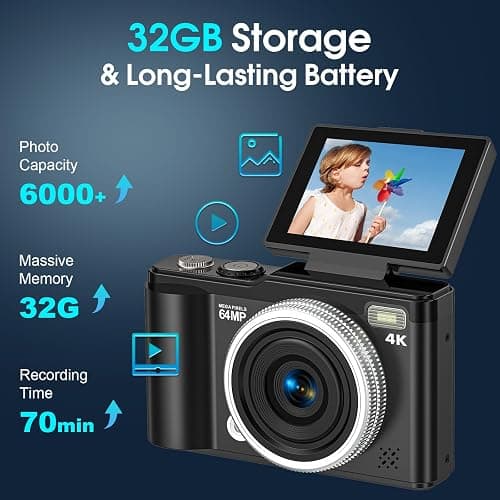 4K Digital Camera for Photography, 64MP Vlogging Camera for YouTube with 180° Flip Screen and Macro Function, 16X Zoom UHD Autofocus Video Camara with 32GB SD Card for Kids Teens Boys Girls thumbnail 8