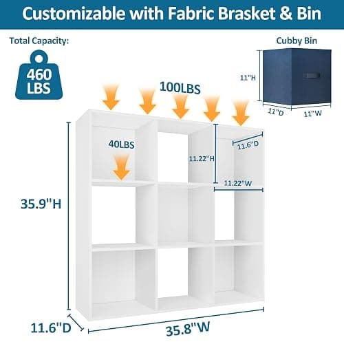 PrimeZone Stackable 9 Cube Storage Organizer: Wood Cubes Shelf Fits Cubby Bins - Square Cubicle Bookshelf Cabinet for Closet Bedroom - Open Storage Shelf for Toy Clothes Book Organization, White thumbnail 3