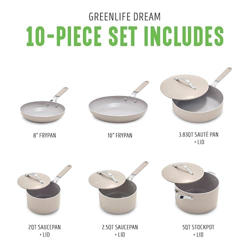 GreenLife 10-Piece Nonstick Ceramic Cookware Set, Lightweight Healthy PFAS-Free Pots & Pans with Lids, Dishwasher & Oven Safe, Durable Body, Silicone Stay-Cool Handles, Easy Release, Taupe thumbnail 3