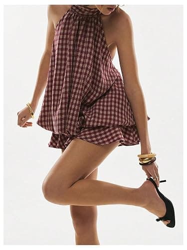SOLY HUX Women's Plaid Halter Mini Dress Ruffle Bubble Hem Going Out Dress | Gingham Dress, Y2k Dresses, Backless Dress, Tie Back, Sleeveless, Mini Dress with Shorts thumbnail 5