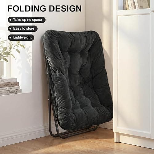 Saucer Chair, Folding Chairs for Living Room, Comfy Adults Chair with Soft Faux Fur for Bedroom, Reading and Dorm Room, X-Large (Black) thumbnail 3