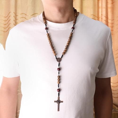 Nazareth Store Classic 10mm Solid Wood Rosary Beads Necklace for Men Olive & Dark Red Wooden Strong Rugged Corded Catholic Rosary with St.Benedict Medal & Cross Crucifix thumbnail 8