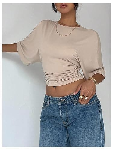 Verdusa Women's Half Sleeve Cinched Waist Tops Ruched Crew Neck T Shirts Going Out Crop Tops thumbnail 5