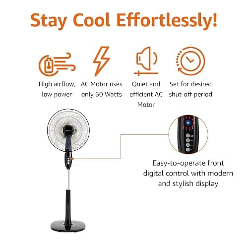 Amazon Basics 16" Pedestal Fan with Remote for Bedroom, Living Room, Office, Adjustable Height, Dual-Layered Blades, 3 Speeds, 3 Modes, Timer, Tilt Head, 60W, Black thumbnail 3