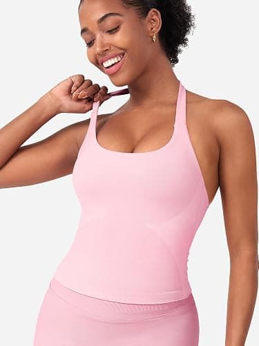 HIGORUN Halter Impact Tank Tops for Women Y2K Workout Longline Crop Tops with Built in Bras Open Back Going Out Gym Top thumbnail 4