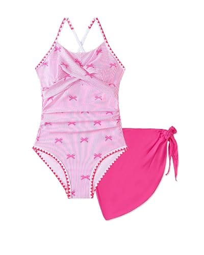 Sewetier Girls Swimsuit Criss Cross Ruched One-Piece Bathing Suit with Mesh Cover Up Skirt Adjustable Straps Swimwear 7-16Y - Image 1
