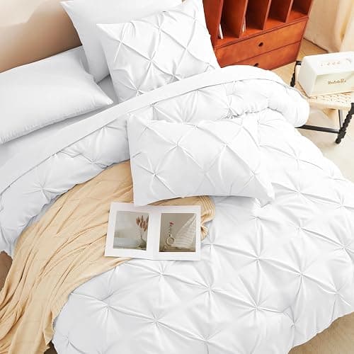 CozyLux Queen Comforter Set White, 7 Pieces Pintuck Bed in A Bag, Premium White Comforter Queen Size, Pinch Pleat Bedding Sets with Comforter, Sheets, Pillowcases & Shams thumbnail 4