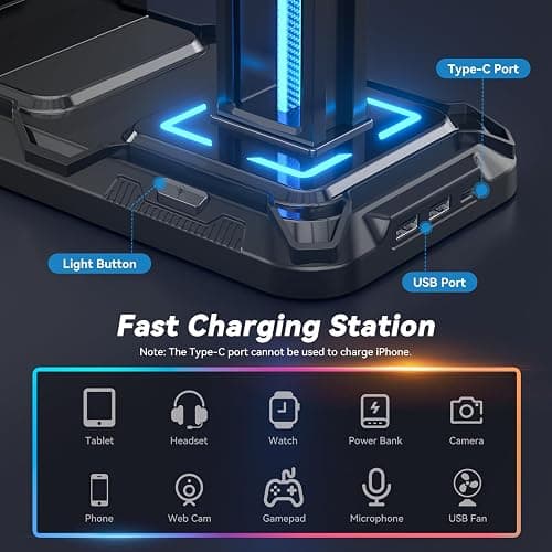 KDD Headset Stand with Charging Station - Detachable Controller Holder with 9 Light Modes - Rotatable Headphone Hanger with USB A&C Charger Ports - Earphone Hook for PC Gaming Accessories Storage thumbnail 3