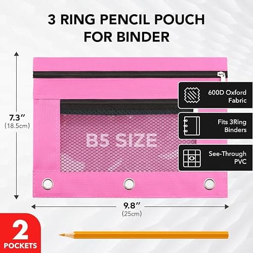 3 Ring Pencil Pouch for Binder, 2-Pocket Zipper Pencil Case with Clear Window & Mesh Pocket, Heavy Duty 600D Oxford Fabric Binder Pouch for School Office Supplies, Fits Standard 3-Ring Binders, Pink thumbnail 2