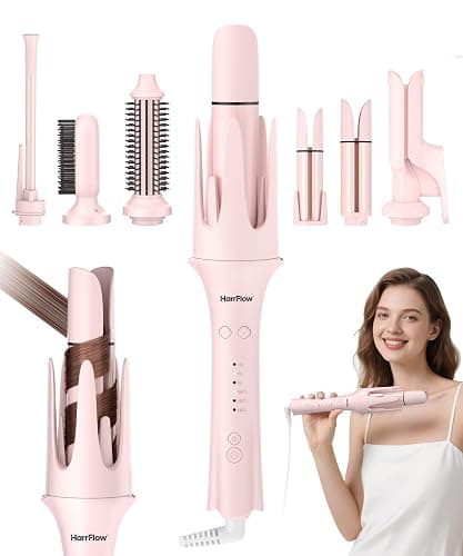 HarrFlow Automatic Hair Curler for Women 7 in 1 Curling Iron & Hair Straightener Brush with 3 Heat Settings, Timer, 300M Negative Ions & Dual Voltage for Frizz-Free Curls at Home & Travel - Image 1