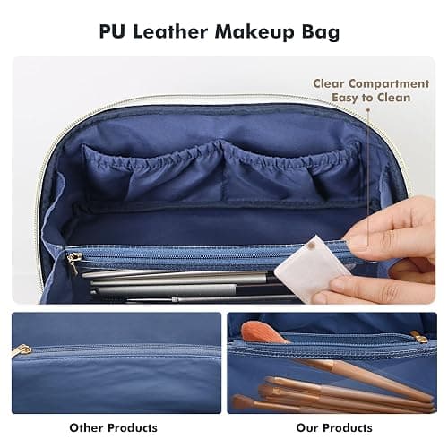 Prite Travel Cosmetic Bag Makeup Organizer Bag for Women Large Capacity Waterproof PU Leather Toiletry Bag with Handle and Clear Divider(Blue Flower) thumbnail 7