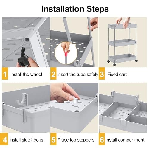 SPACELEAD 3 Tier Rolling Cart with Wheels, Storage Craft Art Trolley Organizer Serving, 3 Hanging Baskets Easy Assembly, for Office, Living Room, Kitchen, Gray thumbnail 4