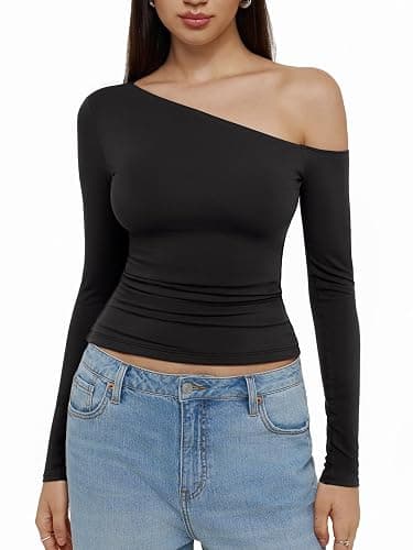 REORIA Womens 2026 Fall Fashion Long Sleeve Shirts Double Lined Casual Slim Fitted Off The Shoulder Tops thumbnail 2