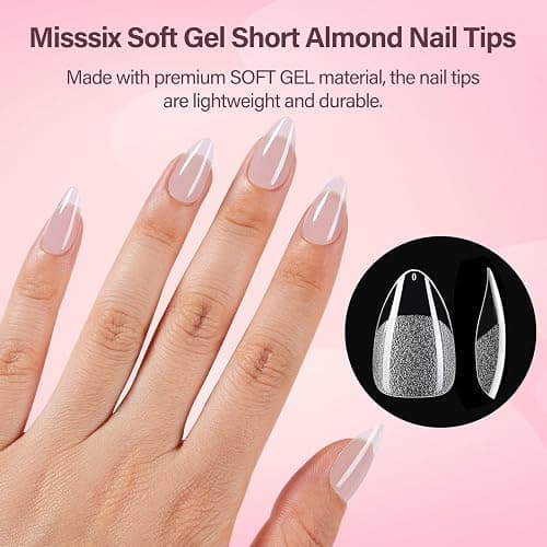 Misssix Short Almond Gel Nail Kit, 216Pcs Pre Etched Clear Fake Nail Tips | Full Cover Soft Acrylic False Nail with Nail Glue and Nail Glue Remover for Women 12 Sizes thumbnail 2