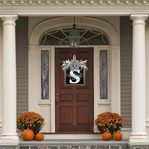 Ultra Large 14'' Last Name All Year Round Front Door Wreath with 26 Initial Letter Welcome Sign All Seasons Eucalyptus Garland and Bow Wreaths for Front Door Porch Farmhouse Decoration (S) thumbnail 6