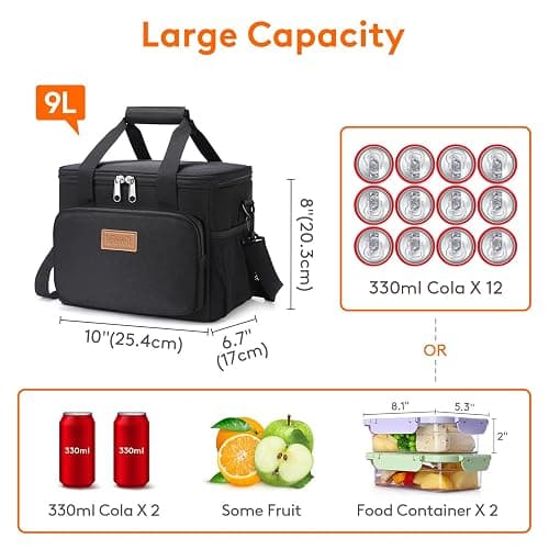 Lifewit Medium Lunch Bag Insulated Lunch Box Soft Cooler Cooling Tote for Adult Men Women, Black 12-Can (9L) thumbnail 6