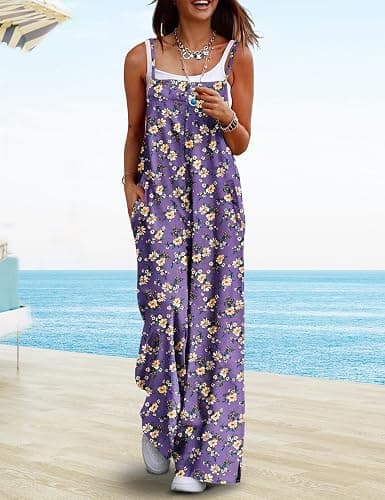 YESNO Women's Summer Boho Casual Jumpsuits Wide Leg Overalls Floral Print Baggy Rompers with Pockets PZZCR thumbnail 2