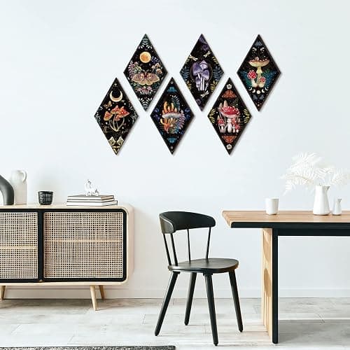 Sintuff 6 Pieces Mushroom Wall Decor Gift Vintage Aesthetic Boho Wall Art for Home 11.8inch Wooden Moon Gothic Minimalist Wall Hanging for Bathroom Bedroom Living Room thumbnail 4