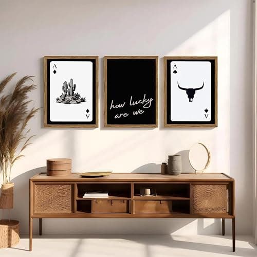 Western Wall Art Set of 3, Southwestern Cowboy Playing Card Wall Decor, Longhorn Bull Skull and How Lucky are We Poster Canvas Painting Prints for Bedroom Living Room 12x16 inch Wood Framed thumbnail 3
