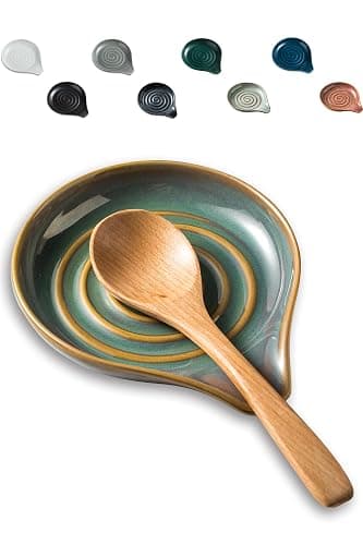 LAUCHUH Spoon Rest for Kitchen Counter,5" Spoon Holder for Kitchen Counter Stove Top Ceramic Spatula Holder for Ladle, Spatula, Spoons or Tongs, Thanksgiving Gifts, Unique Green - Image 1