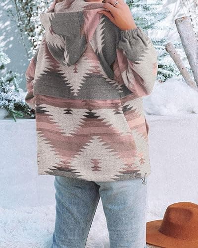 Fessceruna Womens Aztec Half Zip Up Hoodies Sweatshirt Casual Long Sleeve Oversized Ethnic Tribal Hooded Pullover Shirt Top thumbnail 3
