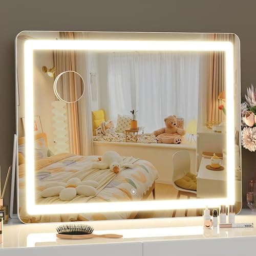 Gvnkvn Ligheted Vanity Mirror with Lights, 14" x 10" LED Makeup Mirror, 3 Modes Light, Smart Touch Control Dimmable, 360°Rotation, Rectangle White Frame - Image 1