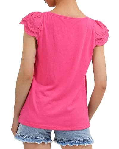 KEREDA Girls Short Sleeve Shirts Summer Tunic Tops Lace Openwork Ruffled Girls Cute Square Neck Clothes Blouse 5-14 Years thumbnail 5