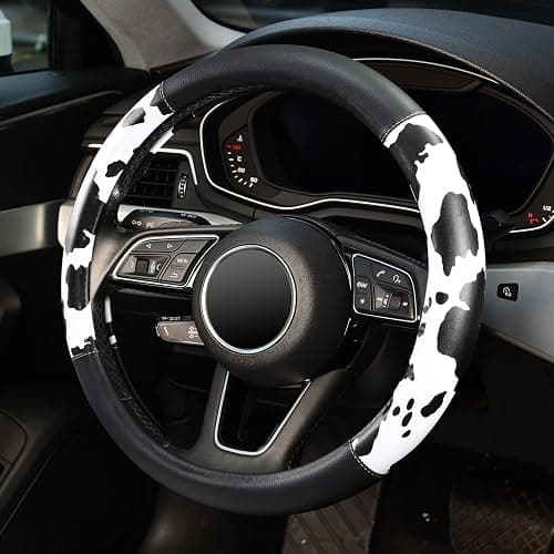 Cow Print Steering Wheel Cover, Universal 14.5-15 inch Breathable Microfiber Leather Anti-Slip Car Steering Wheel Protector for Women Men, Black&White thumbnail 3