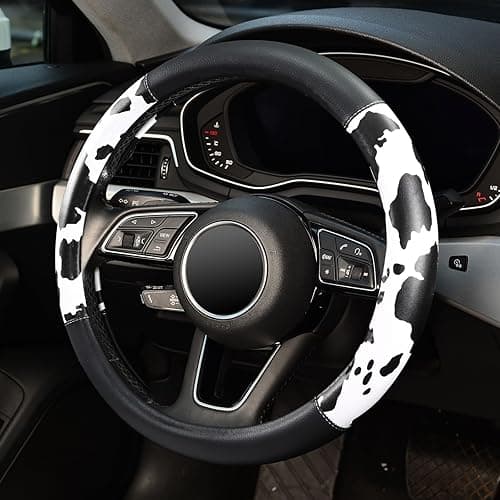 Cow Print Steering Wheel Cover, Universal 14.5-15 inch Breathable Microfiber Leather Anti-Slip Car Steering Wheel Protector for Women Men, Black&White thumbnail 4