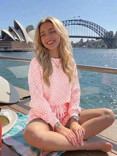 Tankaneo Womens 2 Piece Outfits Oversized Long Sleeve Checkered Plaid Tops Elastic Waist Shorts 2026 Pajama Sets Loungewear thumbnail 3