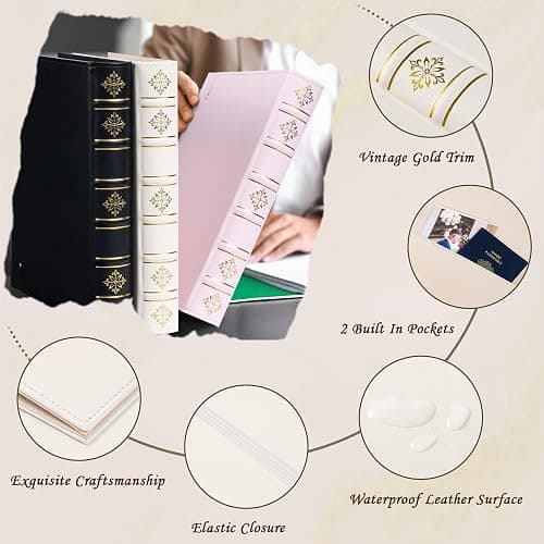 Ospelelf Vintage 3 Ring 1 Inch Leather Binder,Hardback D Ring Binders Organizer with Tabs,White Three Ring Binder for Photo Album, Home and School thumbnail 5