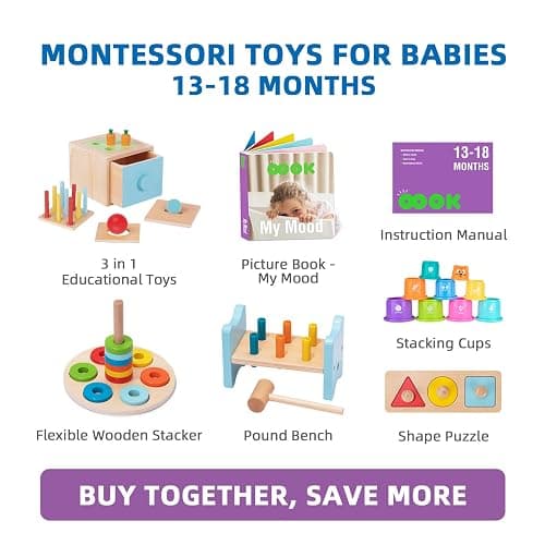 TOOKYLAND Montessori Toys for 1 Year Old, 8 in 1 Learning Educational Set Wooden Toys (Includes Stacking Cups, 3-in-1 Educational Box, Pound Bench, Shape Puzzle and More) thumbnail 2