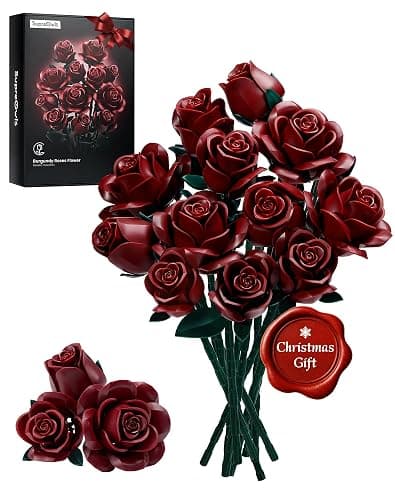 iATOM Burgundy Red Rose Bouquet Building Set, Artificial Flowers Botanical Collection Kit for Adults Women, Gift for Christmas and Valentines Day - Gothic Home Office Table Centerpiece Decor - IA11016 - Image 1