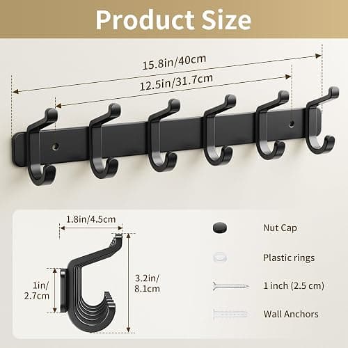 pickpiff Coat Rack Wall Mounted Heavy-Duty: Metal Coat Hanger 6 Hooks for Hanging Hat, Clothes, Robe, Keys, Backpack, Bathroom Towels, Jacket, Purse - Closet, Door, Entryway, Mudroom (Black, 1 Pack) thumbnail 3