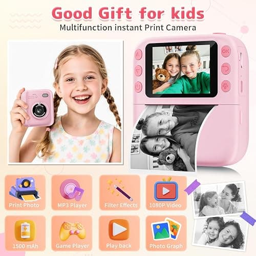 Instant Print Camera for Kids, Christmas Birthday Gifts for Girls Boys, 1080P Instant Digital Print Cameras for Toddler,Portable Toy for 4 5 6 7 8 9 10 Year Old Girl with 32GB SD Card，Pink thumbnail 2