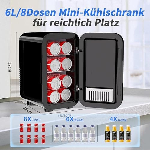 YASHE Mini-Kühlschrank, 6 Liter/8 Dosen, 220–240 V AC/DC, tragbarer thermoelektrischer Kühler, Kühlschränke für Schlafzimmer, Hautpflege, Getränke, Büro, Wohnheim und Auto, Schwarz thumbnail 2