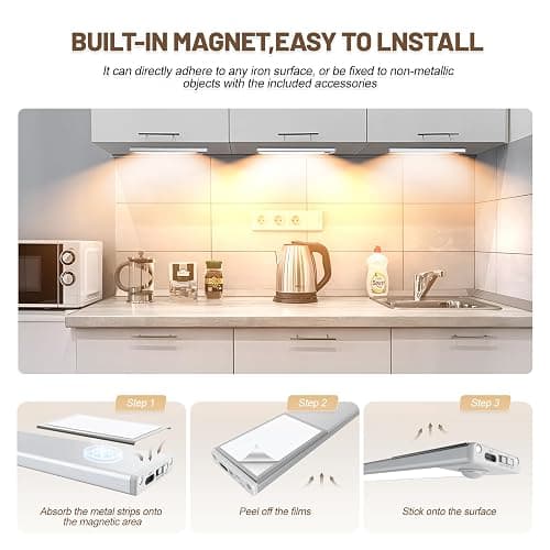 6 Pack Under Cabinet Lighting, 32 LED Rechargeable Motion Sensor Light Indoor, Battery Operated Stick On Magnetic Closet Lights, Wireless Under Counter Lights for Kitchen, Stairs, Warm light 8 in thumbnail 6