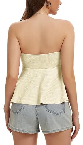 Tube Tops for Women Strapless Tie Front Ruched Tops Peplum Flared Hem Casual Bandeau Top thumbnail 5