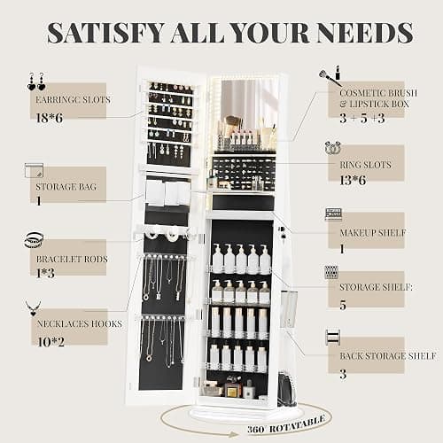 TJYGO LED Mirror Jewelry Cabinet Standing, Swivel Jewelry Armoire with Full Length LED Mirror and Adjustable Lights, Lockable Standing Jewelry Storage Organizer, White thumbnail 5