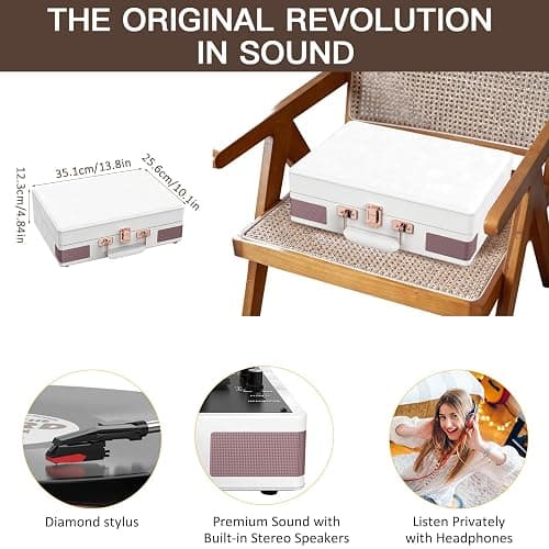 Trynnay Tourne-Disque Portable Bluetooth à 3 Vitesses avec Haut-parleurs intégrés, Tourne-Disque, Son Audio amélioré, Cuir ciré, Blanc thumbnail 5