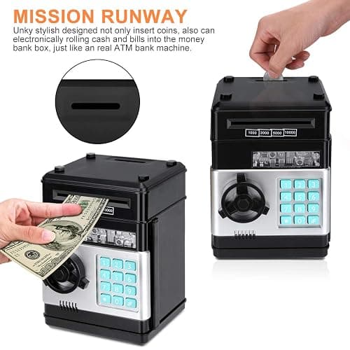 Renvdsa Cartoon Electronic ATM Password Piggy Bank Cash Coin Can Auto Scroll Paper Money Saving Box Gift for Kids (Black) thumbnail 5