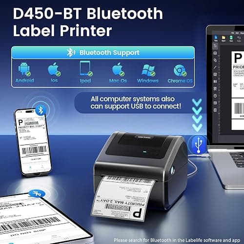 Omezizy Bluetooth Shipping Label Printer 4x6, D450BT Thermal Label Printer for Shipping Packages, Thermal Printers for Small Business, Compatible with Android, iPhone, Windows, macOS, Tiktok, UPS thumbnail 2