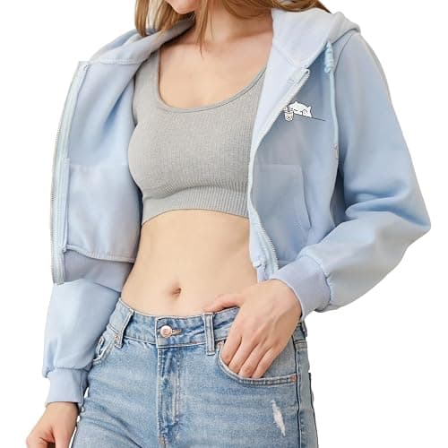 Wrenpies Cute Cropped Zip Up Hoodie for Teen Girls Cartoon Cat Graphic Kawaii Aesthetic Pockets Hooded Sweatshirts Jackets thumbnail 4