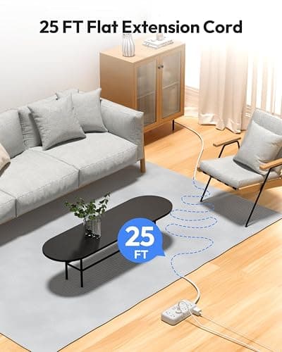 Flat Extension Cord 25 FT, NTONPOWER Long Surge Protector Power Strip, 10 Outlets 4 USB Ports (2 USB C), 3 Side 3 Prong & 2 Prong, 2700J, Overload Protection, Flat Plug Wall Mount, White, SurgePro thumbnail 2