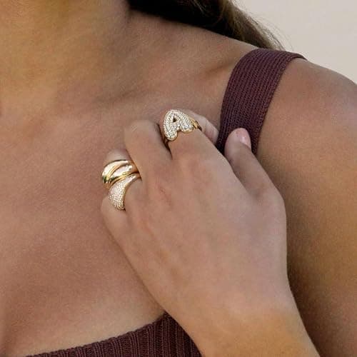 KissYan Bubble Initial Ring for Women, 14k Gold Plate Balloon Jumbo Letter Rings Open Adjustable Dainty Pave CZ Personalized Fashion Trendy Statement Jewelry Gift thumbnail 4
