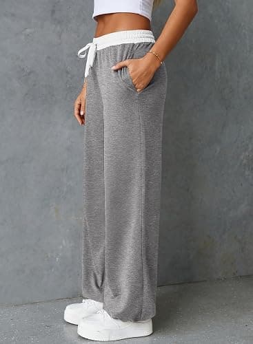 Herseas Women's Contrast Color Waistband Sweatpants Wide Leg Pants with Drawstring Buckle thumbnail 2