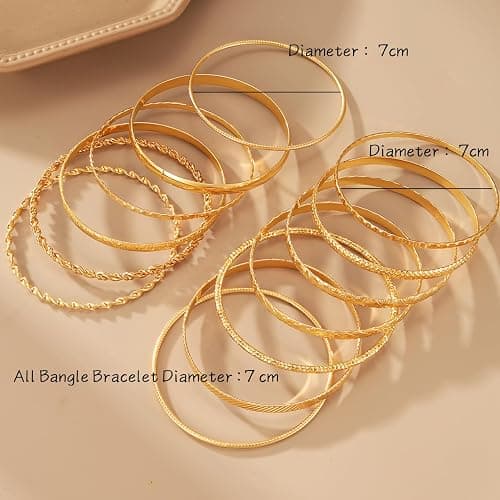 17IF Gold Bangle Bracelet For Women, 14k Multilayer Charm Textured Stackable Bracelets Boho Indian Chunky Cuff Fashion Jewelry Gift thumbnail 7